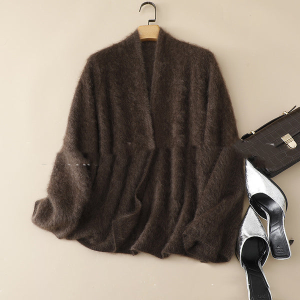 Loose-fit Brushed Cashmere Sweater With A Straight-cut Long-sleeved V-neck Cardigan Design And A Shawl-style Collar