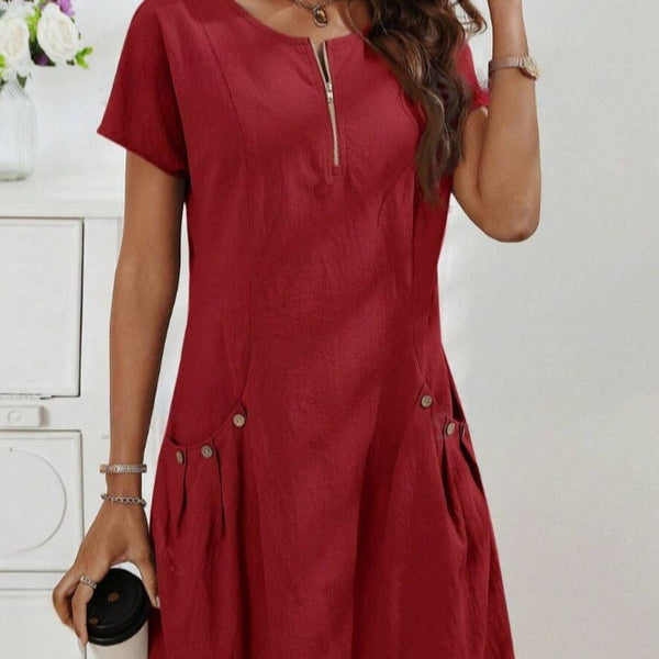 Short-sleeved Dress With Pockots And Zipper Women's Summer Clothing