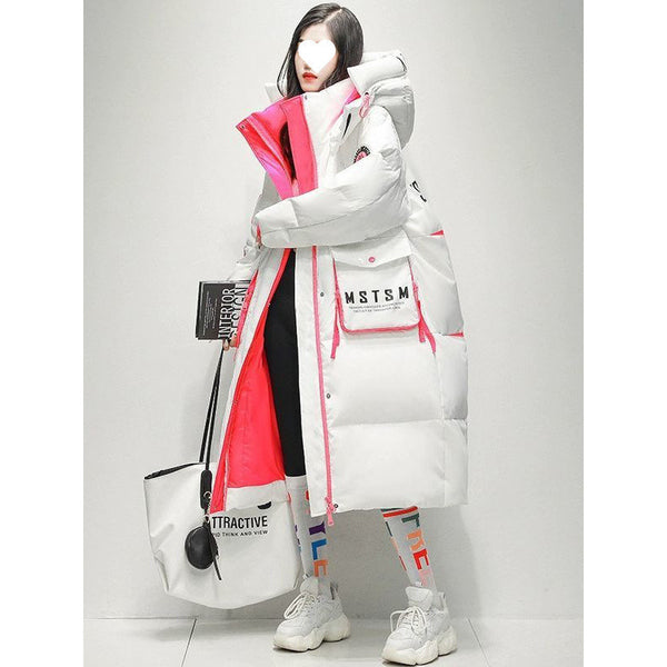 Womens Winter Loose Western-Style Over-the-Knee Long Thermal Patchwork Down Jacket