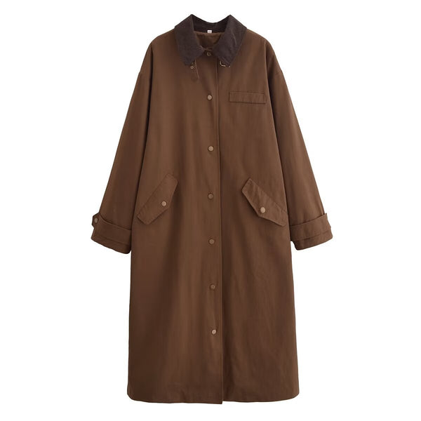 Corduroy Patchwork Collar Waxed Leather-Effect Long Trench Coat