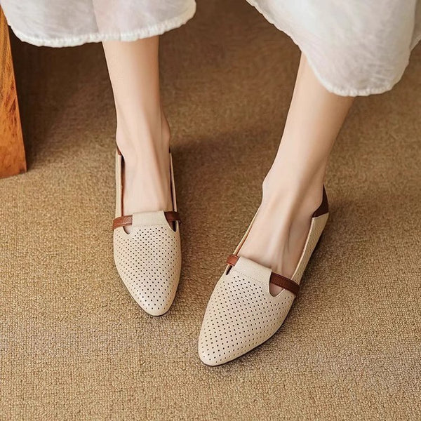 French-style Color-Block Elegant Soft Leather Low-Heel Womens Pumps
