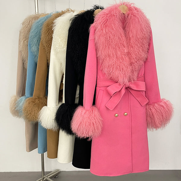 Long Double-faced Wool Coat With A Shearling Collar