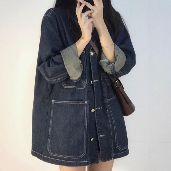 Loose-fit Retro Denim Jacket With Large Pockets For Women
