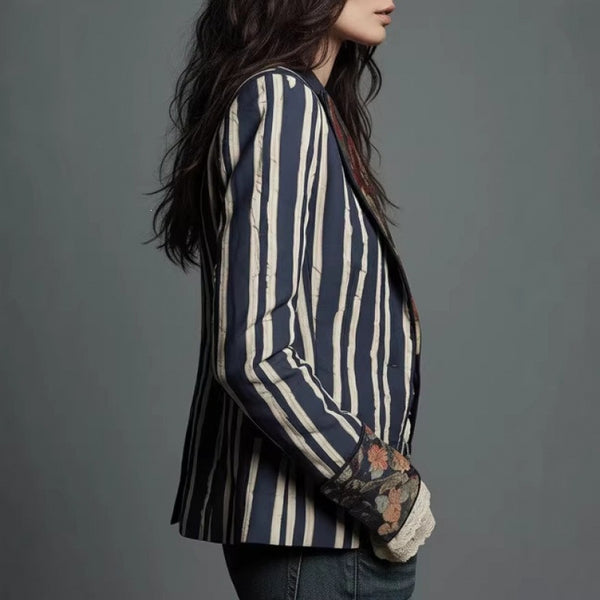 Women's Bohemian Color-Block Striped Blazer