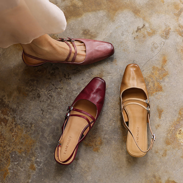 Women's Handmade Washed Full-Grain Leather Slingback Mary Jane Sandals, Vintage Square Toe Double Strap Buckle Low Wedge Heel Shoes