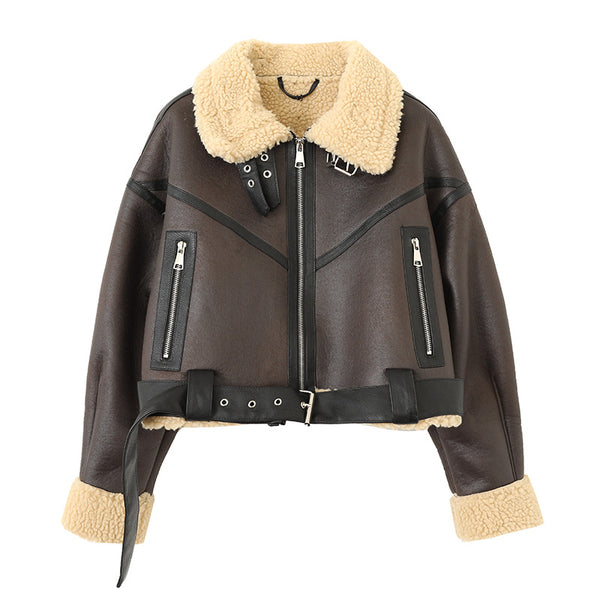 Short PU Lamb Fur Coat Women's Versatile Thickened