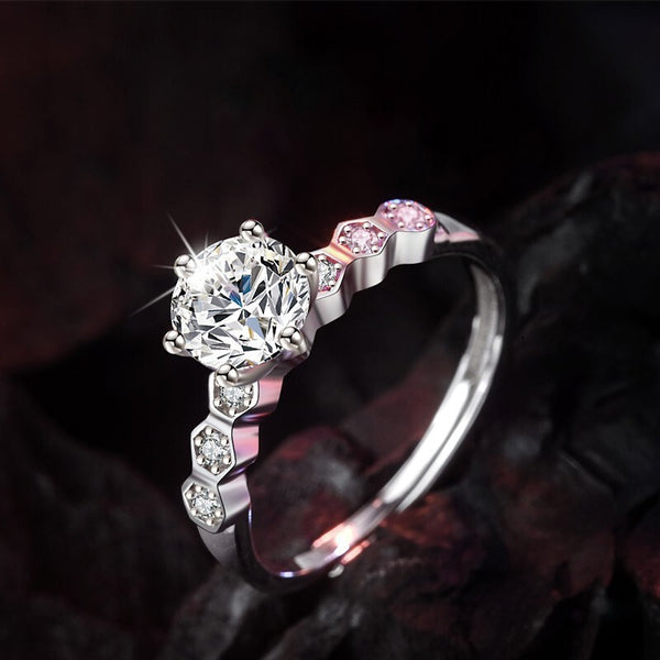 Classic Honeycomb Six-Prong Simulated Diamond Ring, Moissanite Hexagonal Band