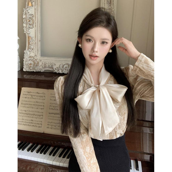 French-style Bow-Tie Lace-Up Velvet Shirt For Women