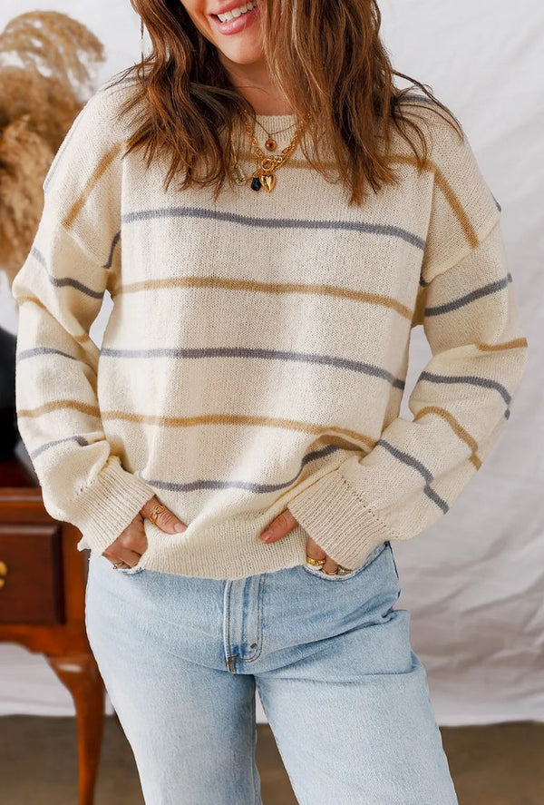 New Womens Casual Color-Striped Pullover Sweater